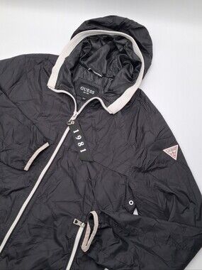 Guess Black Hooded Large Jacket/Windbreaker with White Trim Accents Vintage